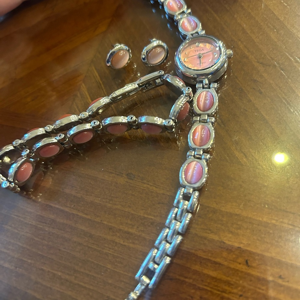 Tissot Silver Watch, bracelet, and Earrings Set with Pink Accents